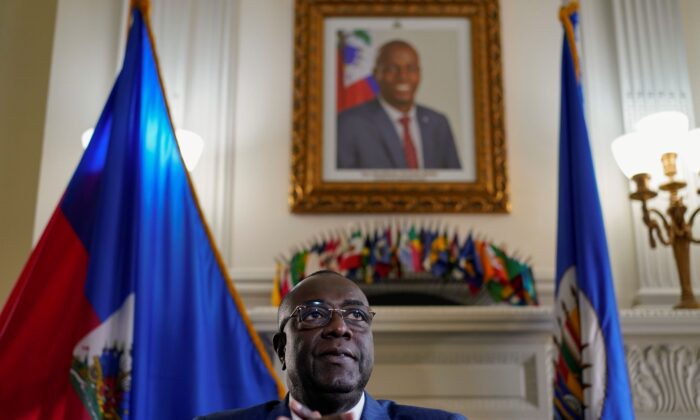 Ambassador Bocchi Edmond will pause when talking about the late President of Haiti, Jovenel Moise, during an interview with the Associated Press at his office at the Haiti Embassy in Washington on Wednesday, July 7, 2021.  (Carolin Custer / AP photo)