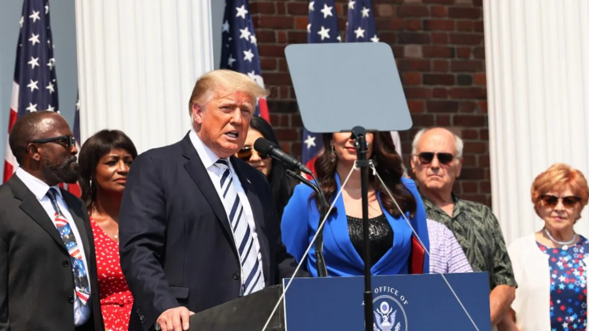 Former President Donald Trump speaks during a press conference announcing a class action lawsuit against big tech companies at the Trump National Golf Club Bedminster in Bedminster, N.J., on July 7, 2021. (Michael M. Santiago/Getty Images)