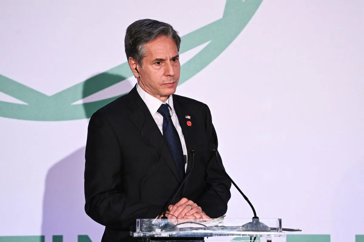U.S. Secretary of State Antony Blinken listens during a press conference at the Fiera di Roma in Rome on June 28, 2021. (Andres Solaro/AFP via Getty Images)