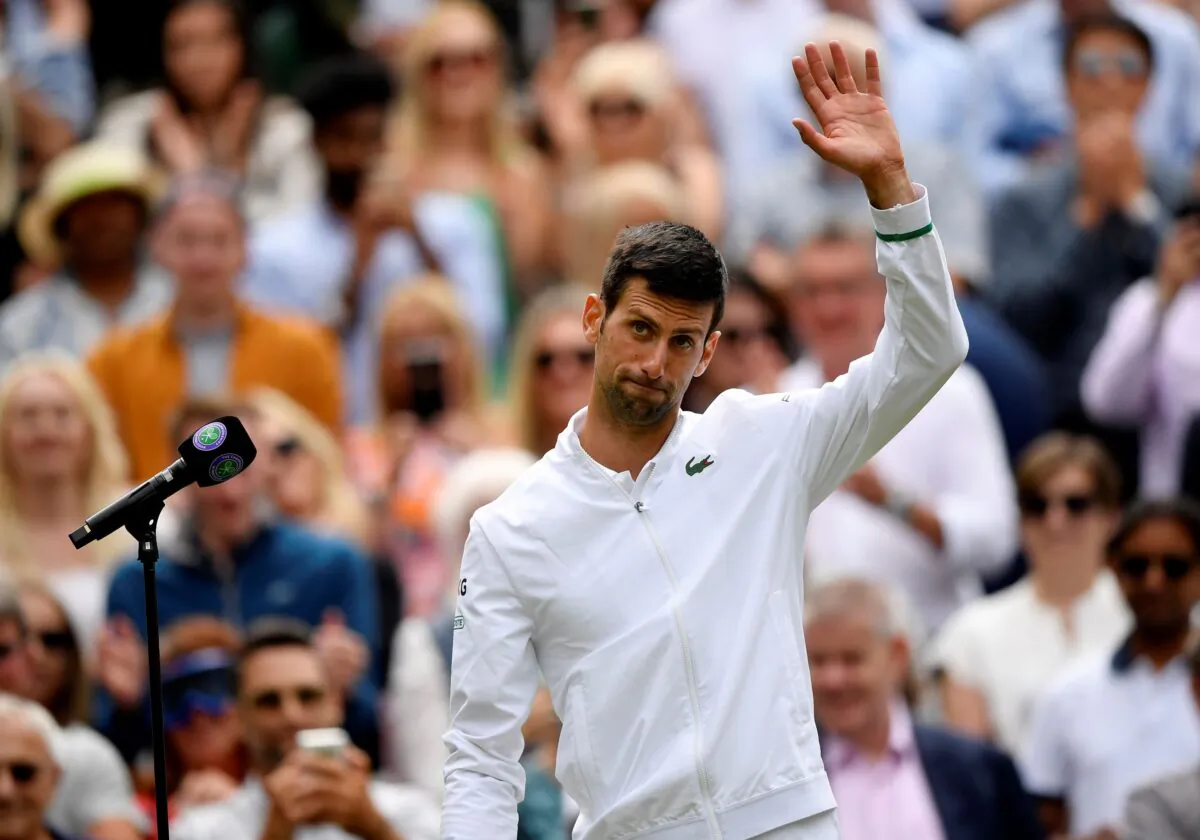 Serbia's Novak Djokovic during an interview after winning his quarterfinal match against Hungary's Marton Fucsovics at The Wimbledon Tennis Championships in London, UK on July 7, 2021. (Toby Melville/Reuters)