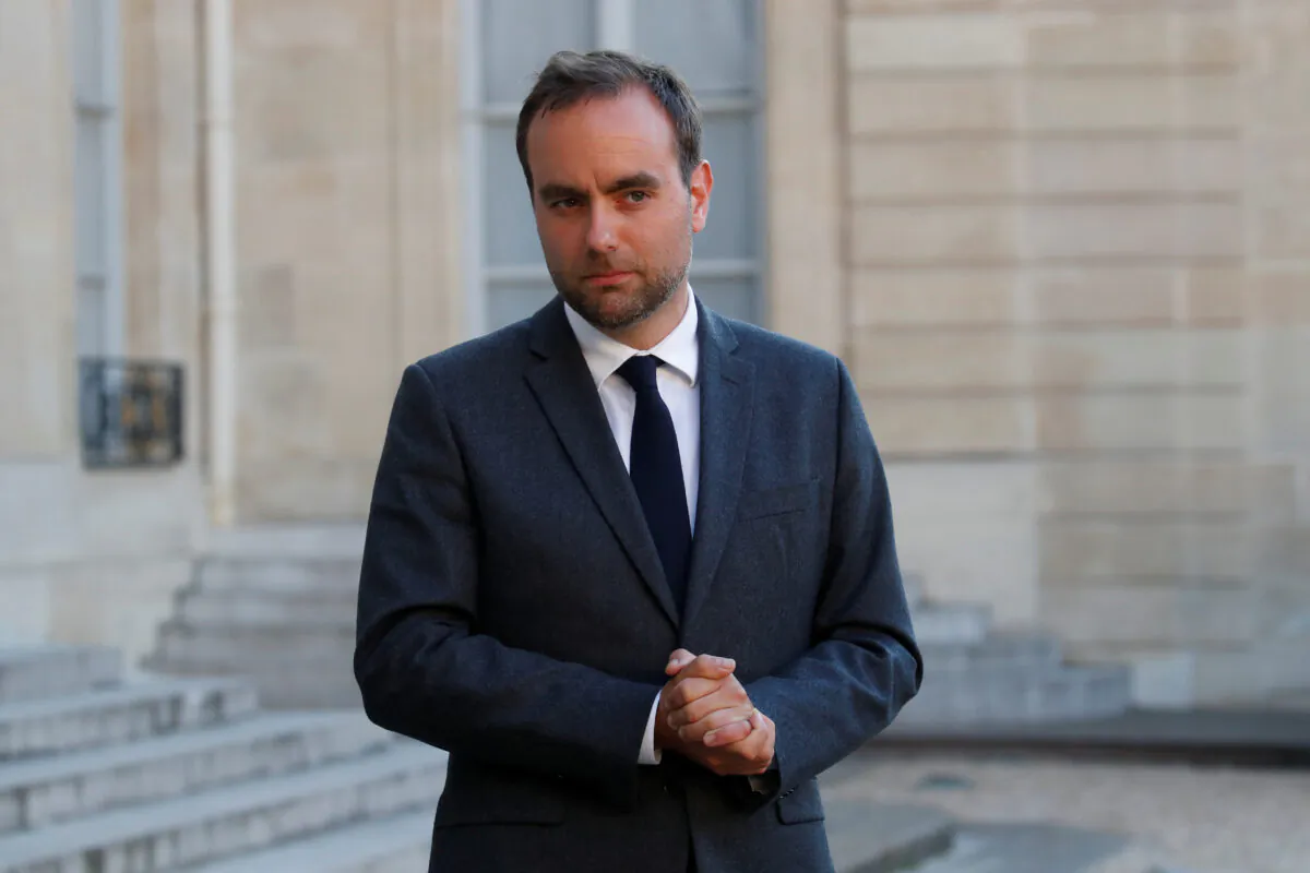 French Minister for Local Authorities Sebastien Lecornu delivers a statement after a videoconference with the French president and French mayors at the Elysee Palace in Paris on May 19, 2020. (Gonzalo Fuentes/Reuters)