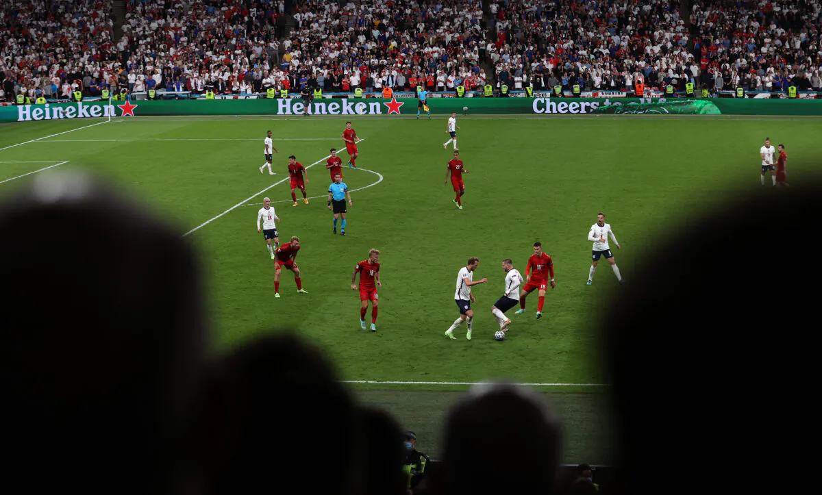 A general view of play during the UEFA Euro 2020 Championship Semi-final match between England and Denmark at Wembley Stadium in London on July 7, 2021. (Catherine Ivill/Getty Images)
