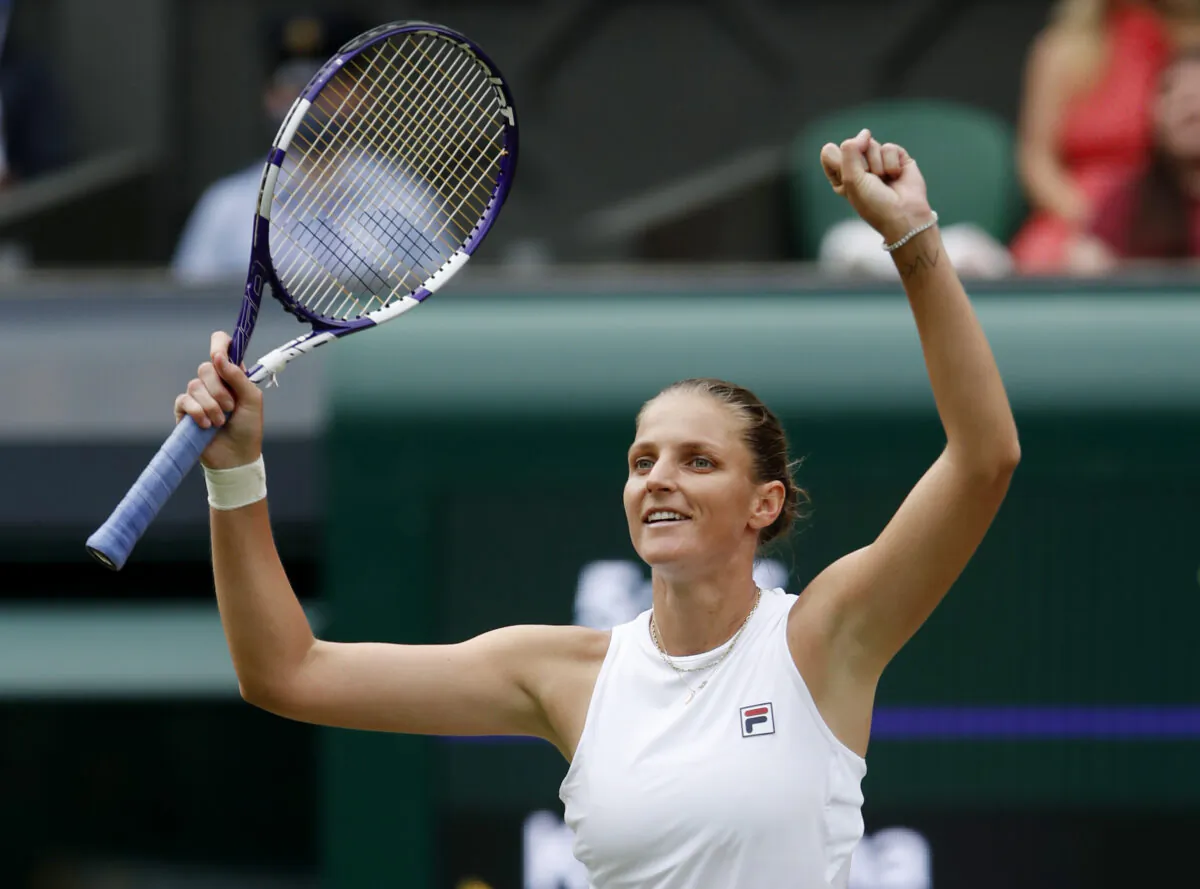 Czech Republic's Karolina Pliskova celebrates winning her semi final match against Belarus' Aryna Sabalenka at the Wimbledon Tennis Championships in London, UK, on July 8, 2021. (Paul Childs/Reuters)