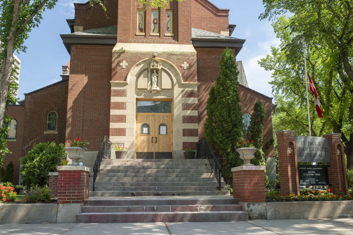 Red paint, now mostly cleaned off, was splattered on the doors of St. Paul Co-Cathedral in Saskatoon on June 24, 2021.  (The Canadian Press/Liam Richards)