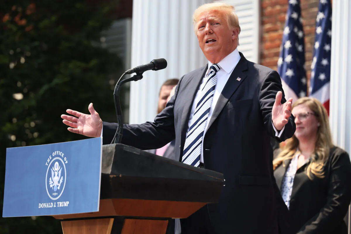 Former President Donald Trump speaks during a press conference announcing a class action lawsuit against big tech companies at the Trump National Golf Club Bedminster in Bedminster, N.J., on July 7, 2021. (Michael M. Santiago/Getty Images)