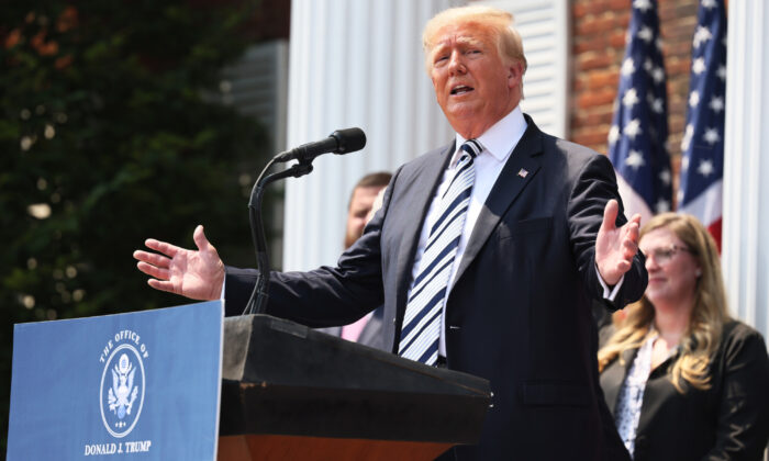 Former U.S. President Donald Trump speaks during a press conference announcing a class action lawsuit against Big Tech companies at the Trump National Golf Club Bedminster in Bedminster, N.J., on July 7, 2021. (Michael M. Santiago/Getty Images)