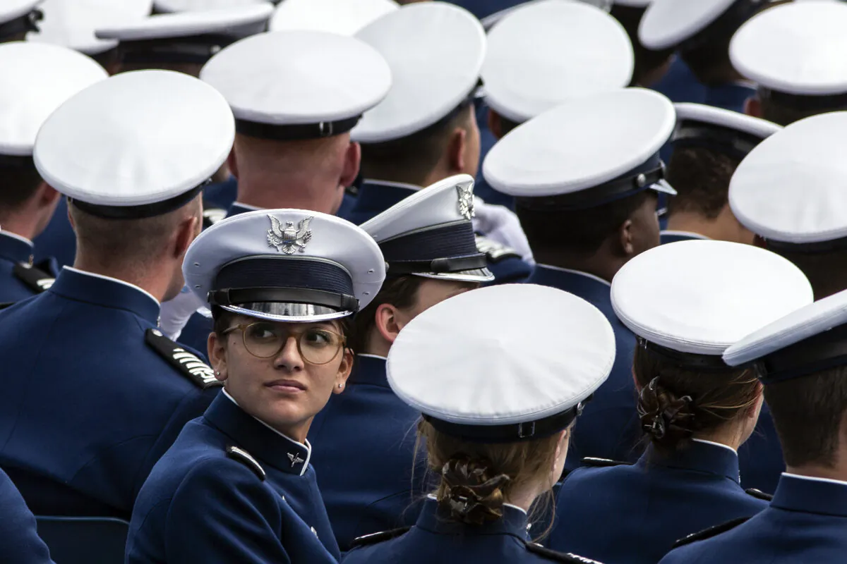 A graduating cadet looks back to the audience during the 2019 graduation ceremony at the United States Air Force Academy in Colorado Springs, Colo., on May 30, 2019. (Chet Strange/AFP via Getty Images)
