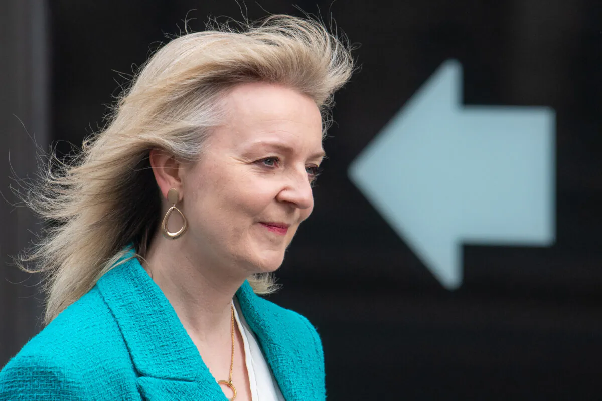International Trade Secretary Liz Truss is interviewed for the Sophy Ridge on Sunday show outside BBC Broadcasting House in central London, on April 25, 2021. (Dominic Lipinski/PA)