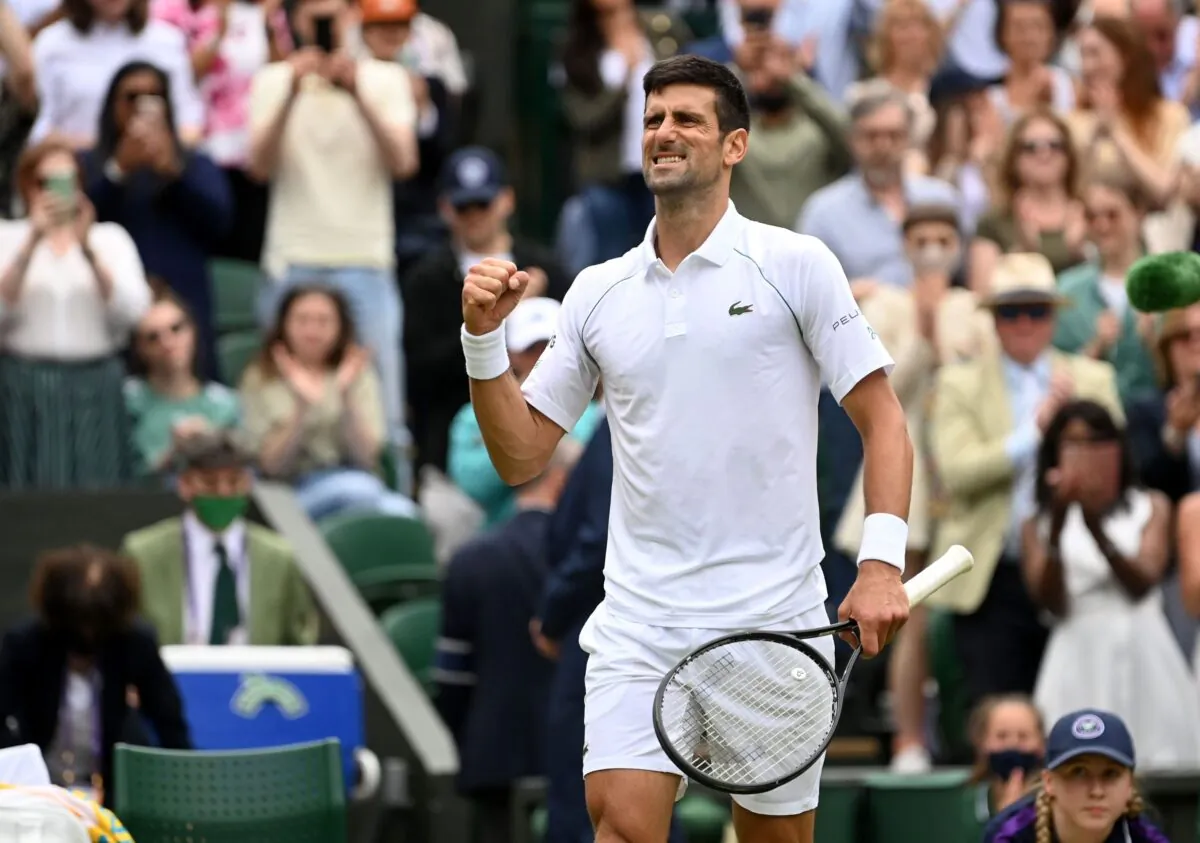 Serbia's Novak Djokovic celebrates winning his quarter final match against Hungary's Marton Fucsovics in London, Britain on July 7, 2021. (REUTERS/Toby Melville)

