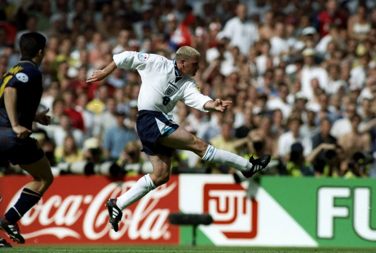 Paul “Gazza” Gascoigne of England scores a goal during the European Championship match against Scotland at Wembley Stadium in London on June 15, 1996. England lost to Germany in the semi-finals. (Stu Forster/Allsport)