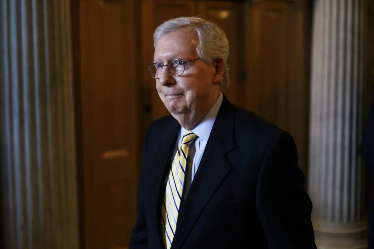 Senate Minority Leader Sen. Mitch McConnell (R-Ky.) walks on Capitol Hill in Washington on June 22, 2021. (Alex Wong/Getty Images)