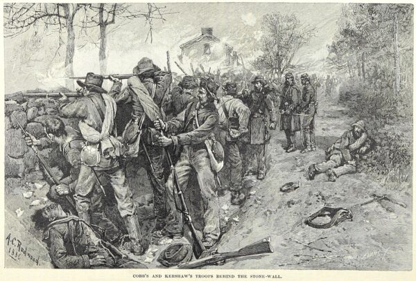 Confederate troops behind the stone wall