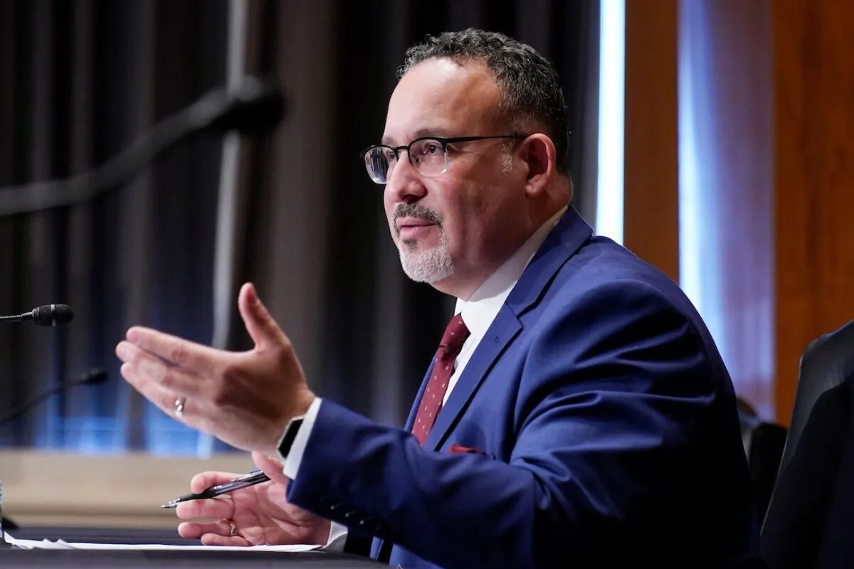 Miguel Cardona speaks during his confirmation hearing to be Secretary of Education, on Capitol Hill in Washington, on Feb. 3, 2021. (Susan Walsh/POOL/AFP via Getty Images)