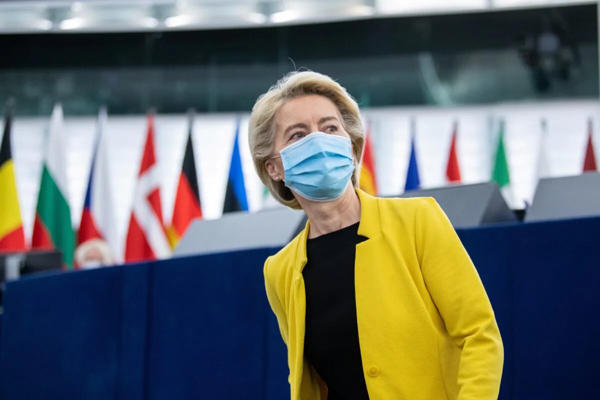European Commission President Ursula von der Leyen attends a plenary session at the European Parliament in Strasbourg, France, on July 7, 2021. (Patrick Hertzog/Pool via Reuters)
