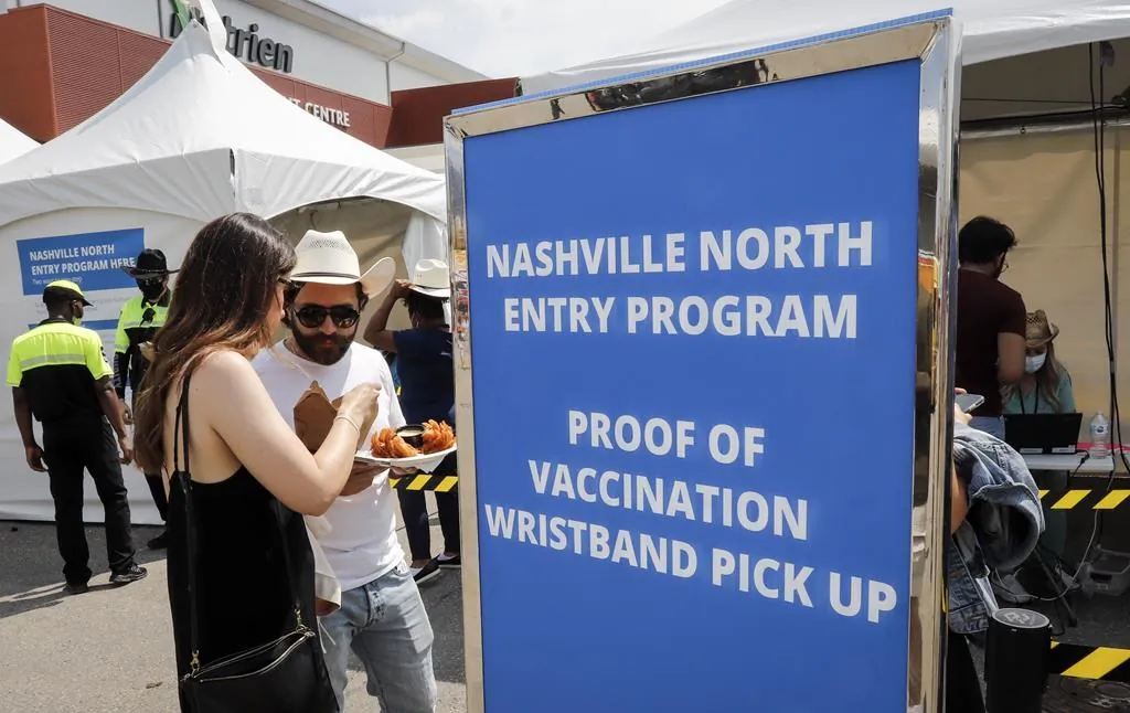 Visitors to Nashville North are shown at the Calgary Stampede in Calgary, on July 9, 2021. (The Canadian Press/Jeff McIntosh)