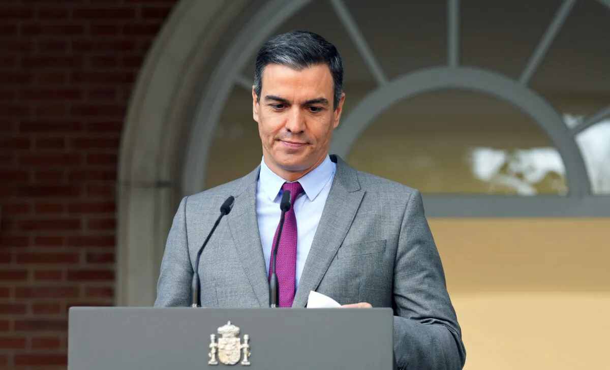 Spain's Prime Minister Pedro Sanchez prepares to deliver a statement at the Moncloa Palace in Madrid, Spain, on June 22, 2021. (Paul White/AP Photo)