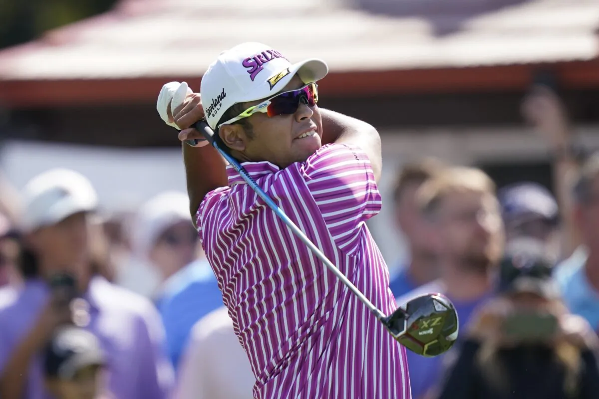 Hideki Matsuyama of Japan drives off the third hole tee during the first round of the Rocket Mortgage Classic golf tournament, at the Detroit Golf Club in Detroit, Mich., on July 1, 2021. (Carlos Osorio/AP Photo)