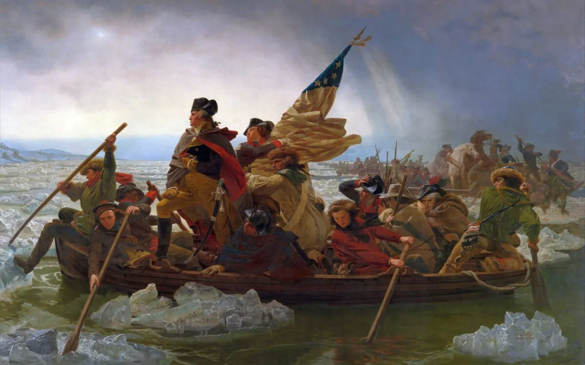 General George Washington (1732–1799) stands in the prow of a rowing boat crossing the Delaware to seek safety in Pennsylvania after defeat by the British. (Emanuel Gottlieb Leutze/Metropolitan Museum of Art via Wikimedia, public domain)