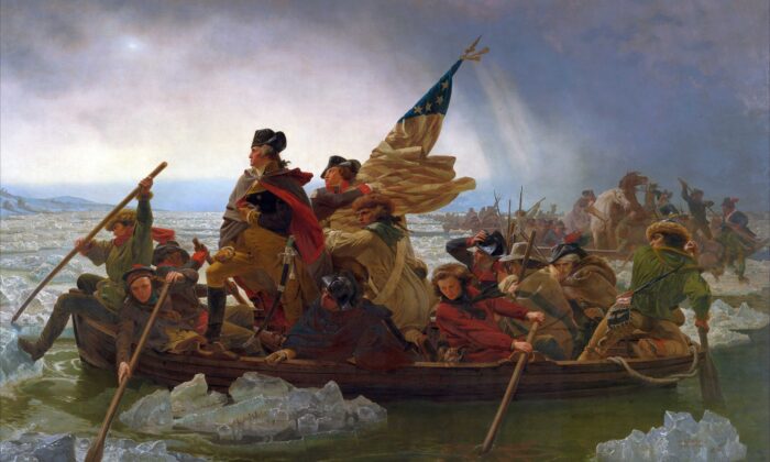 General George Washington (1732–1799) stands in the prow of a rowing boat crossing the Delaware to seek safety in Pennsylvania after defeat by the British. (Emanuel Gottlieb Leutze/Metropolitan Museum of Art via Wikimedia, public domain)