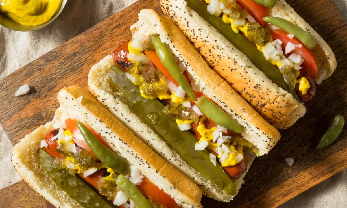 Chicago-style hot dogs, dragged through the garden—that is, with the works. (Brent Hofacker/shutterstock)
