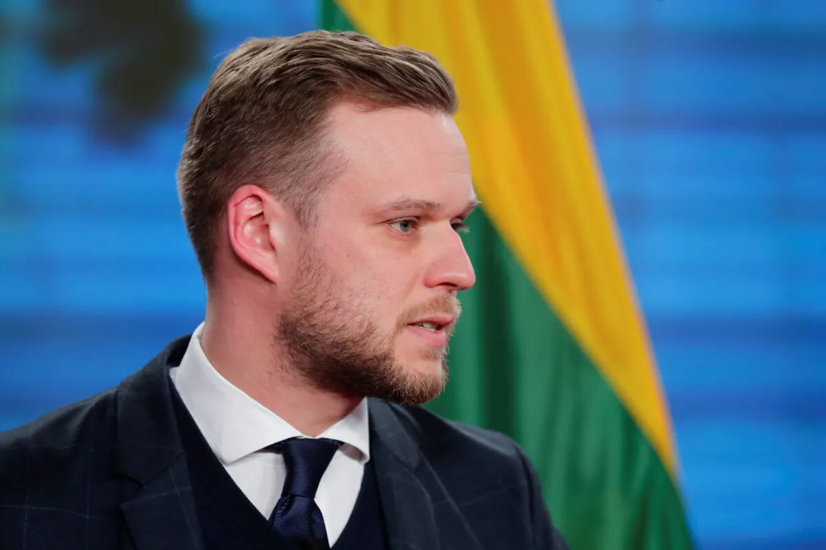 Lithuanian Foreign Minister Gabrielius Landsbergis looks on during a joint news conference with his German counterpart Heiko Maas, in Berlin on March 17, 2021. (Hannibal Hanschke/Pool/Reuters)