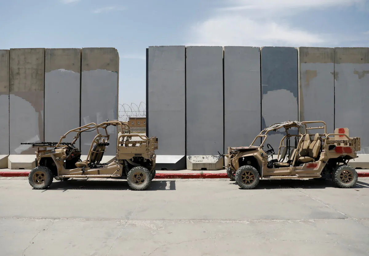 Infantry Squad vehicles are seen in Bagram U.S. air base, after American troops vacated it, in Parwan province, Afghanistan, on July 5, 2021. (Mohammad Ismail/Reuters)