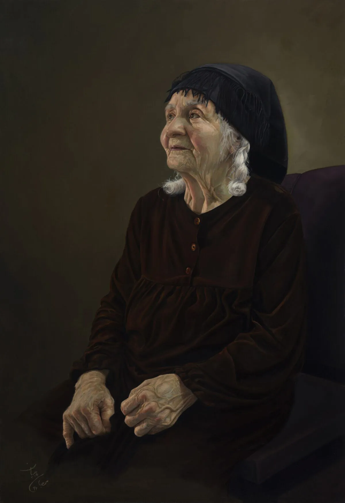 A detail of “Daapir,” 2017, by Iranian painter Marjan Abedian. Oil on canvas; 29 3/4 inches by 20 1/4 inches. Recipient of the Portraiture Award (second place) at the “15th International ARC Salon Exhibition (2020–2021).” (Courtesy of ARC)