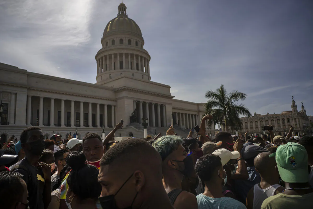 People protest in front of the Capitol in Havana, Cuba on July 11, 2021. (Ramon Espinosa/AP Photo)