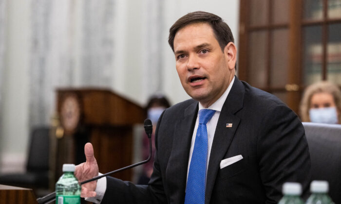 Sen. Marco Rubio (R-Fla.) speaks during a Senate Committee on Commerce, Science, and Transportation confirmation hearing on Capitol Hill in Washington, on April 21, 2021. (Graeme Jennings/AFP via Getty Images)