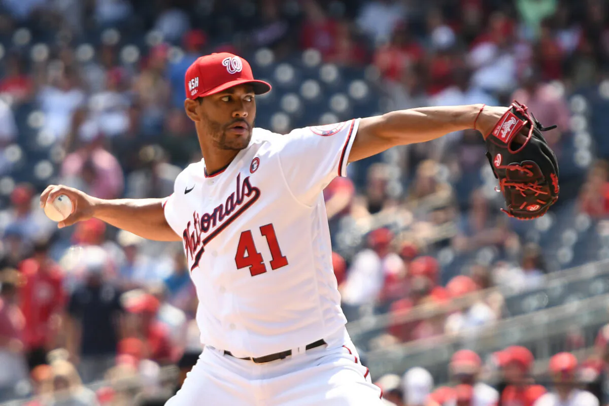 The Washington Nationals' Joe Ross pitches in the first inning against the Los Angeles Dodgers at Nationals Park in Washington, on July 4, 2021. (Mitchell Layton/Getty Images)