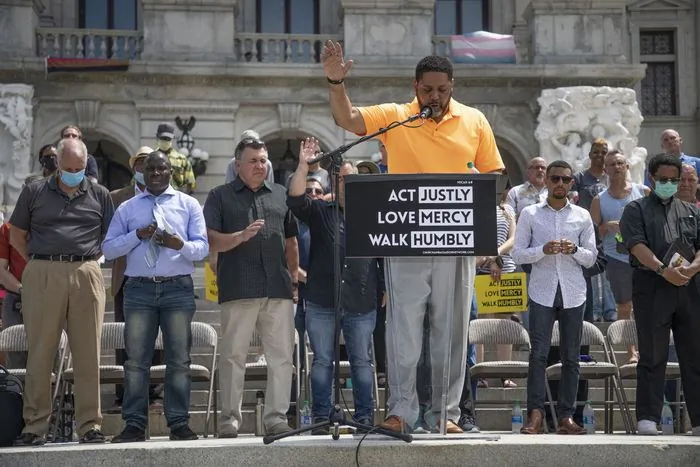 Dr. Joseph Green, St. Paul’s Missionary Baptist Church, with other ministers, leads a prayer gathering at the Pennsylvania Capitol in Harrisburg, Pa., June 6, 2020. (Mark Pynes/PennLive)