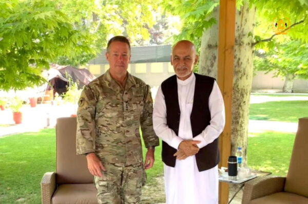 Afghanistan's President Ghani (R) meets U.S. General Miller, NATO mission commander, in Kabul