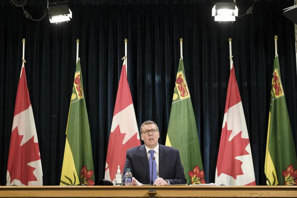 Saskatchewan Premier Scott Moe speaks at a press conference at the Legislative Building in Regina, on March 25, 2021. Moe spoke about the recent Supreme Court of Canada ruling that says the federal Liberal government's carbon pricing regime is constitutional. (The Canadian Press/Michael Bell)