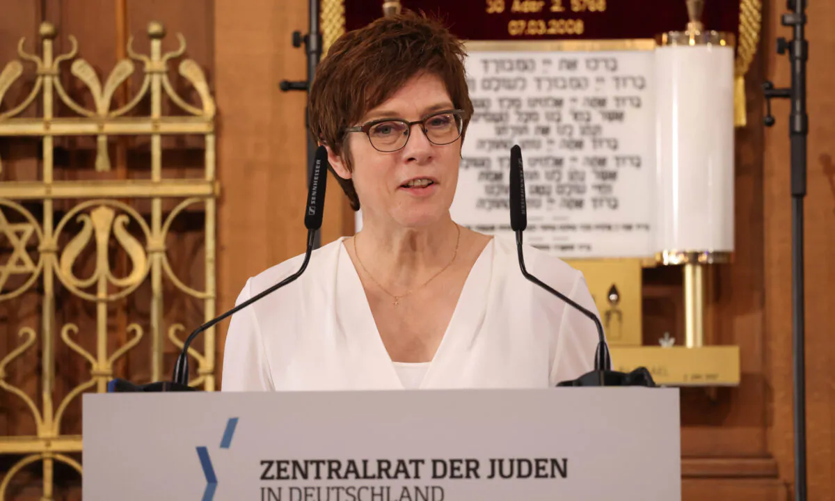 German Defense Minister Annegret Kramp-Karrenbauer speaks at the main synagogue in Leipzig, Germany, on June 21, 2021. (Sean Gallup/Getty Images)