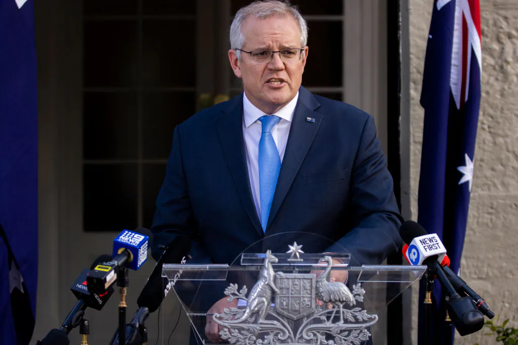 Australian Prime Minister Scott Morrison speaks during a press conference at Kirribilli House on July 13, 2021, in Sydney, Australia. (Jenny Evans/Getty Images)