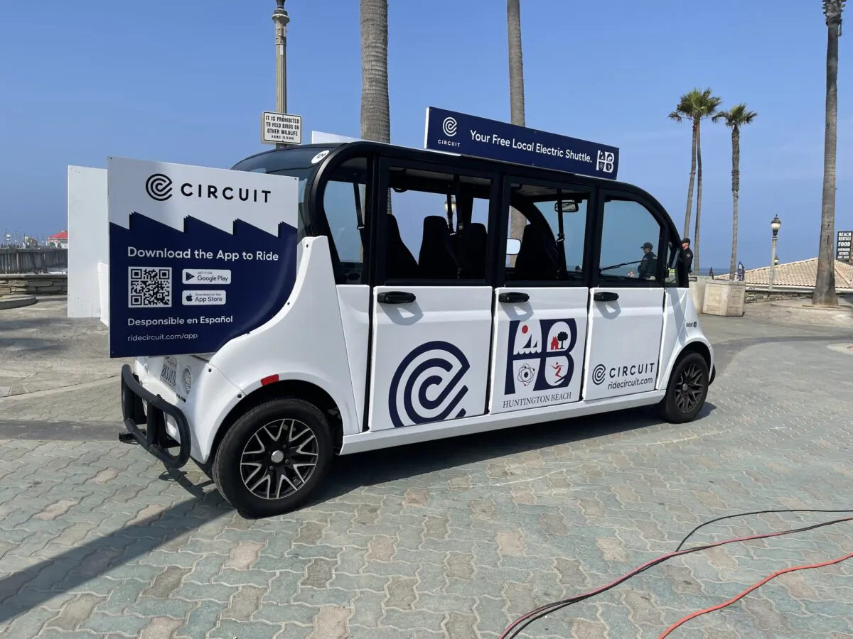 Huntington Beach's five-month Circuit car program, which will run through December, features five low-speed electric shuttles designed by Circuit. (Drew Van Voorhis/The Epoch Times)