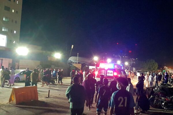 People gather outside