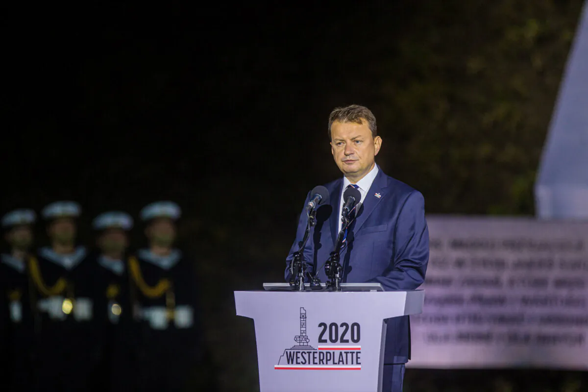 Poland's Minister of Defense Mariusz Blaszczak delivers a speech during a commemorative ceremony to mark the 81st anniversary of the outbreak of World War Two at Westerplatte Memorial in Gdansk, Poland, on Sept. 1, 2020. (Michal Ryniak/Agencja Gazeta/via Reuters)