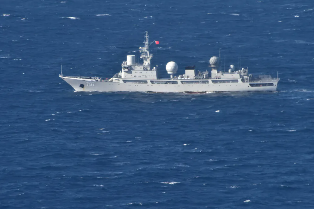 People's Liberation Army (Navy) General Intelligence Ship Tianguanxing (AGI-797) transits through the Arafura Sea on the morning of July 11, 2021 (Supplied: Australian Department of Defence)