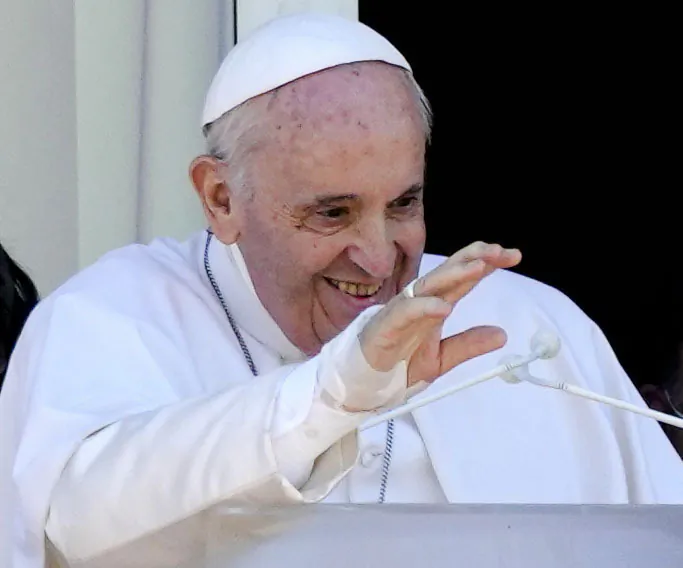 Pope Francis appears on a balcony of the Agostino Gemelli Polyclinic in Rome, where he is recovering from intestinal surgery, for the traditional Sunday blessing and Angelus prayer, on July 11, 2021. (Alessandra Tarantino/AP Photo)