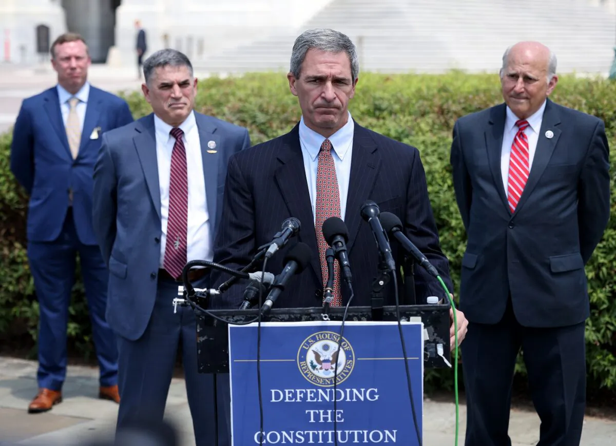 Attorney Ken Cucinelli (2nd R) speaks during a press conference held with Rep. Louie Gohmert (R) (R-Texas) and Rep. Andrew Clyde (2nd L) (R-Ga.) outside the U.S. Capitol in Washington on June 14, 2021. (Win McNamee/Getty Images)