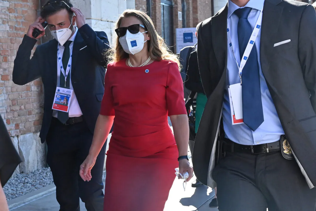 Canada's Minister of Finance and Deputy Prime Minister Chrystia Freeland arrives for the G20 finance ministers and central bankers meeting in Venice, Italy, on July 9, 2021. (Andreas Solaro/AFP via Getty Images)