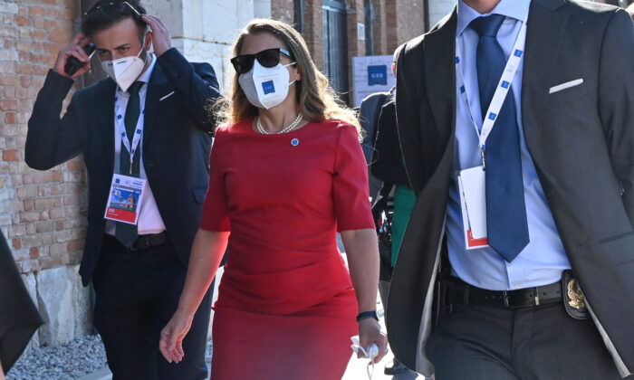 Canada's Minister of Finance and Deputy Prime Minister Chrystia Freeland arrives for the G20 finance ministers and central bankers meeting in Venice, Italy, on July 9, 2021. (Andreas Solaro/AFP via Getty Images)