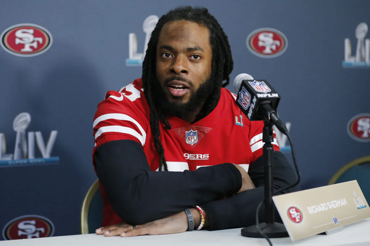 Richard Sherman #25 of the San Francisco 49ers speaks to the media during the San Francisco 49ers media availability prior to Super Bowl LIV at the James L. Knight Center in Miami, Fla., on Jan. 30, 2020. (Michael Reaves/Getty Images)