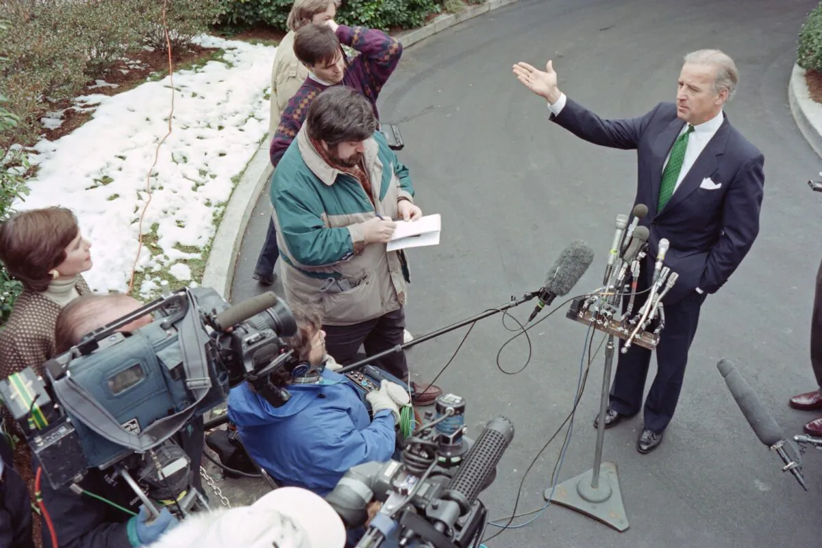 Then-Sen. Joseph Biden (D-Del.) speaks to reporters after meeting with President Bill Clinton at the White House on Feb. 10, 1995. (David Ake/AFP via Getty Images)