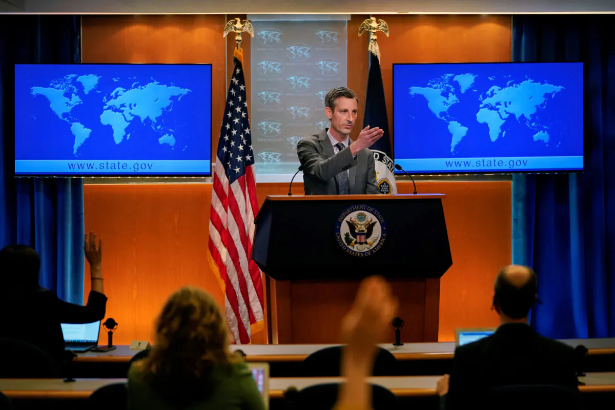 State Department spokesman Ned Price takes questions from reporters at the State Department in Washington on March 31, 2021. (Carolyn Kaster/Pool via Reuters)