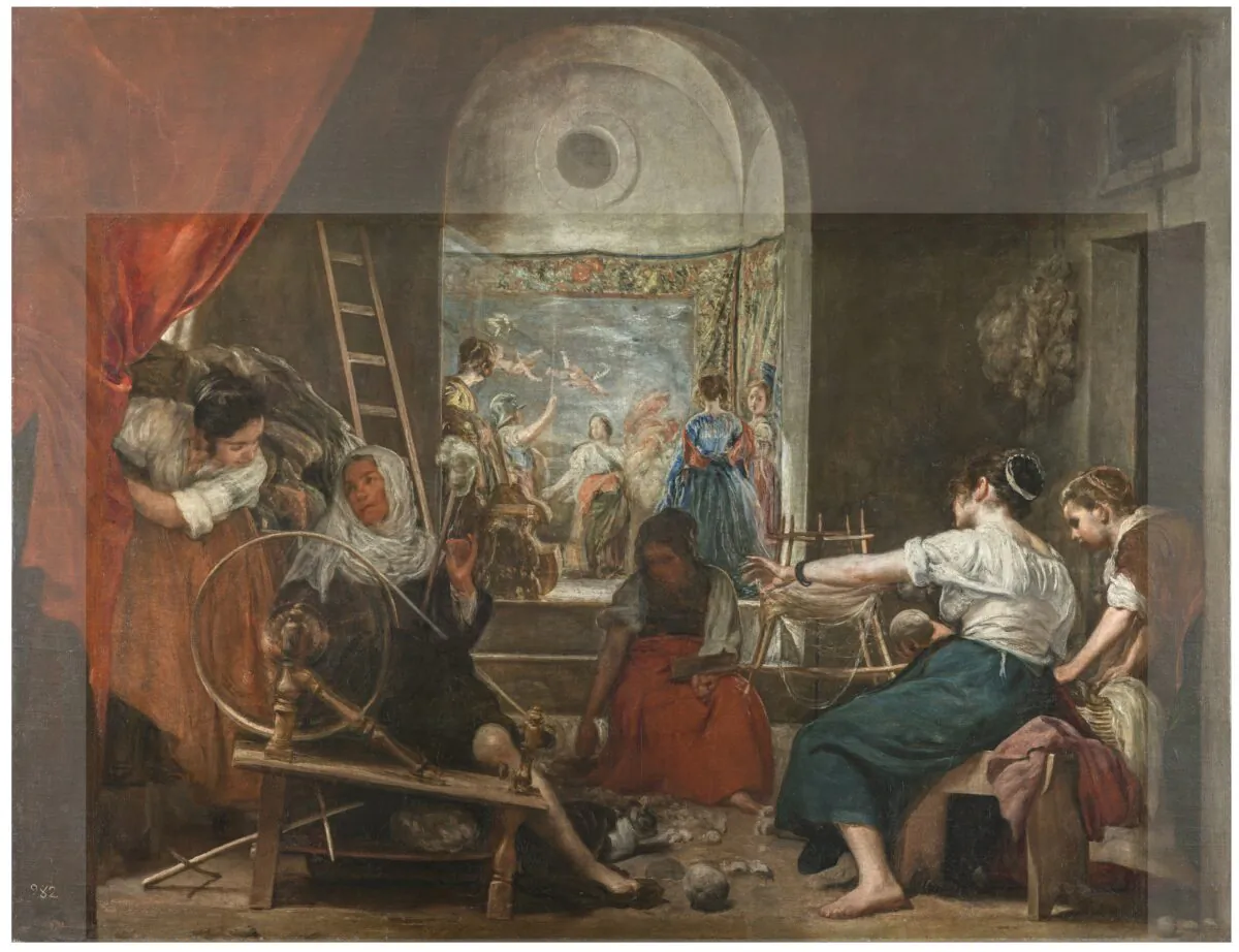 In this image of "The Spinners," 1655–1660, by Velázquez, the shaded areas highlight the three edges of the original composition that were expanded in the 18th century. (Prado Museum)