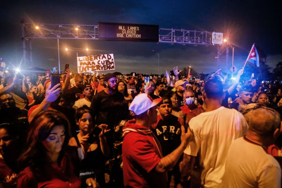 People block Palmetto Expressway during a protest showing support for Cubans demonstrating against their government, in Miami, on July 13, 2021. (Eva Marie Uzcategui/AFP via Getty Images)