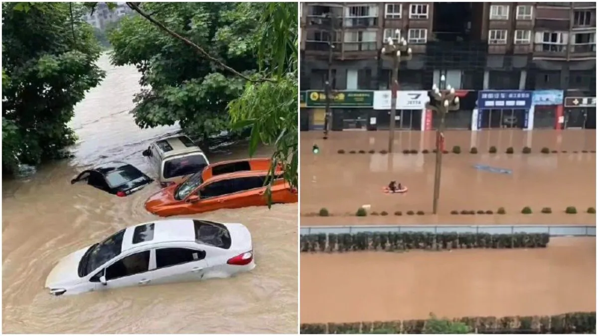 Heavy rains fall in Bazhong city in Sichuan Province, causing serious waterlogging in the city and rivers overflowing. (Photo on Weibo taken July 10, 2021)