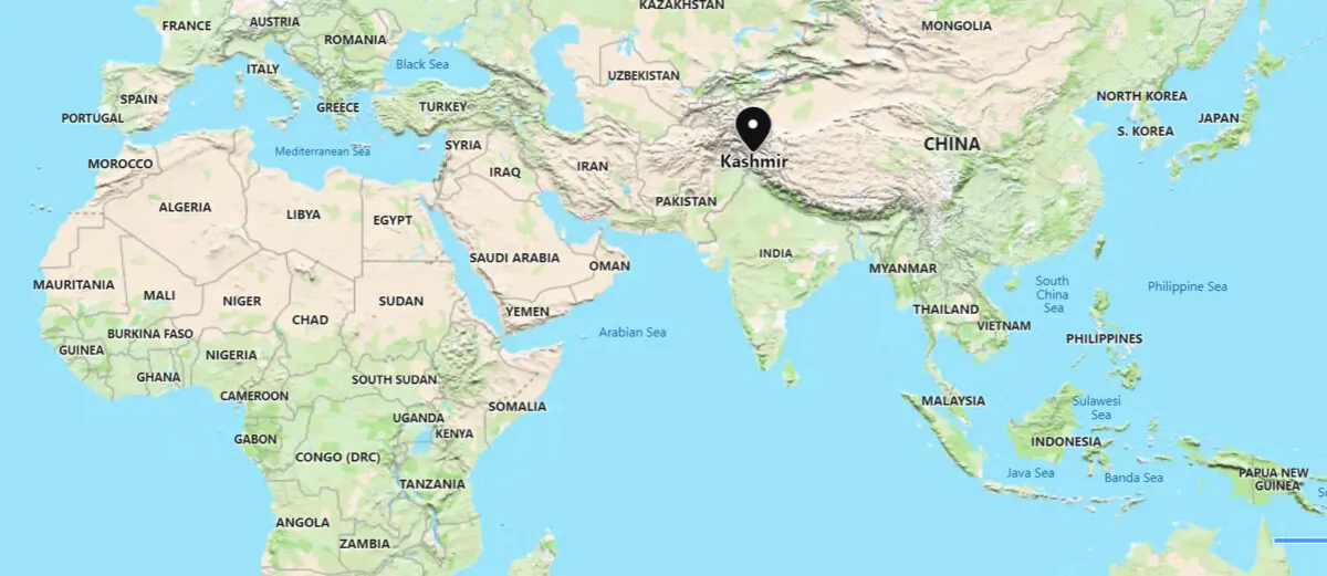 This screenshot shows the location of Indian-controlled Kashmir, where Indian forces killed three suspected terrorists in a shootout in Kashmir, India, on July 14, 2021. (Google Map/Screenshot via The Epoch Times)
